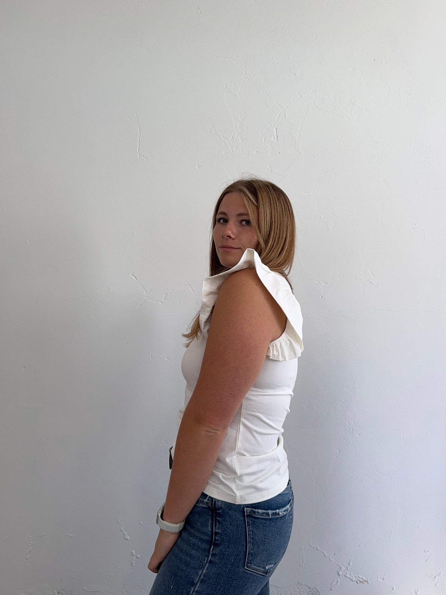 White Ruffle Sleeve Fitted Top