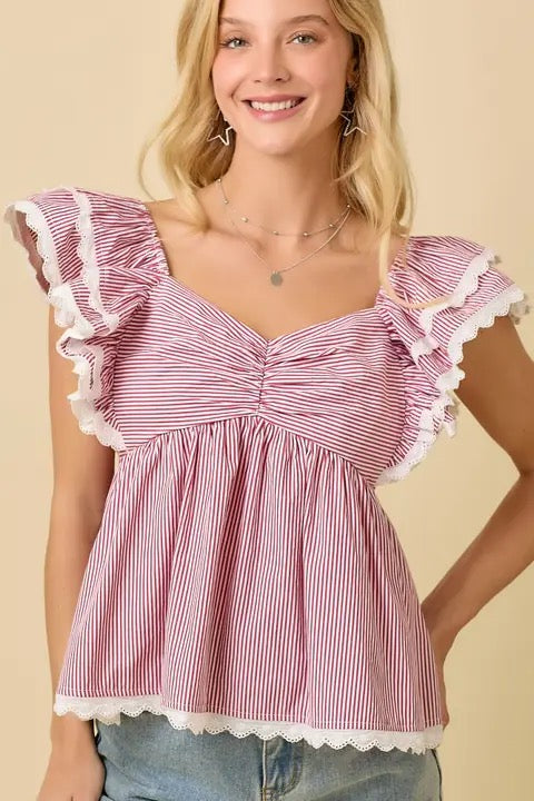 Red and White Striped Ruffle Baby Doll Tee
