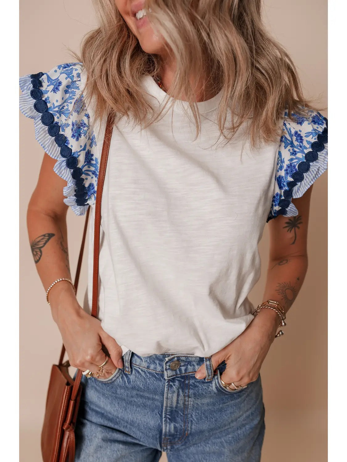 White and Blue Ruffle Sleeve Tee