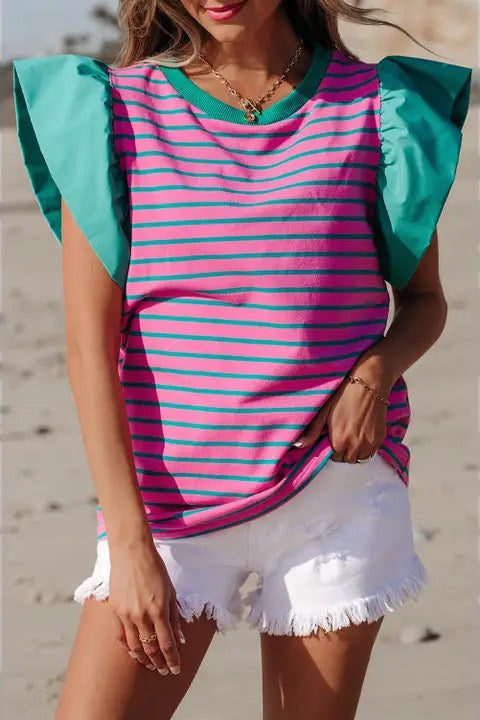 Pink and Teal Striped Ruffle Sleeve Top
