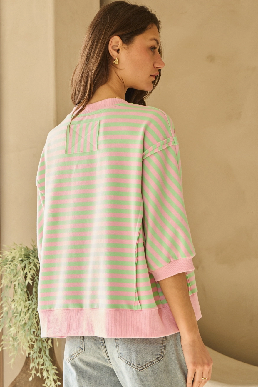 Pink and Green Striped Loose Fit Tee