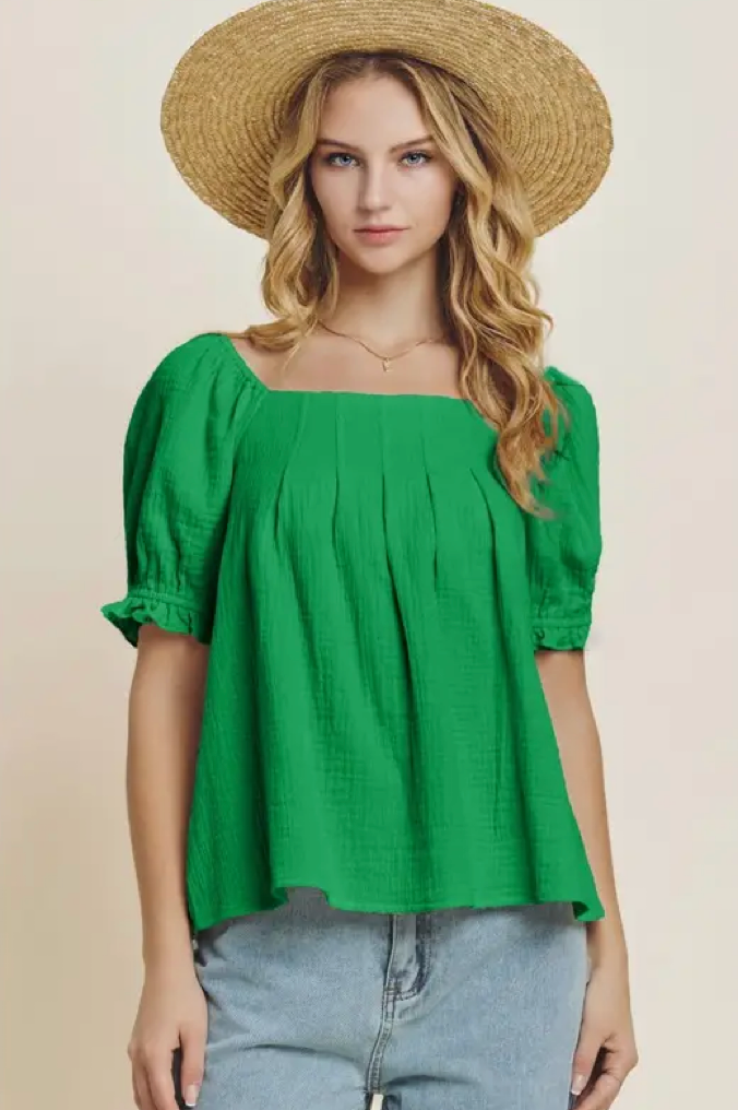 Green Cotton Gauze Puff Sleeve Top