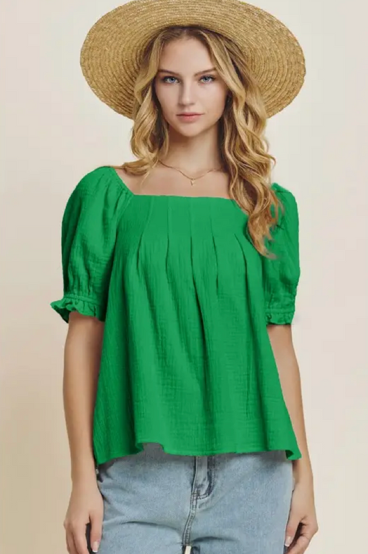 Green Cotton Gauze Puff Sleeve Top