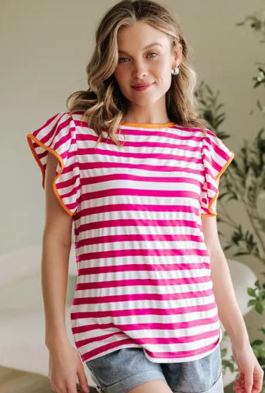 Pink and Orange Striped Ruffle Sleeve Tee